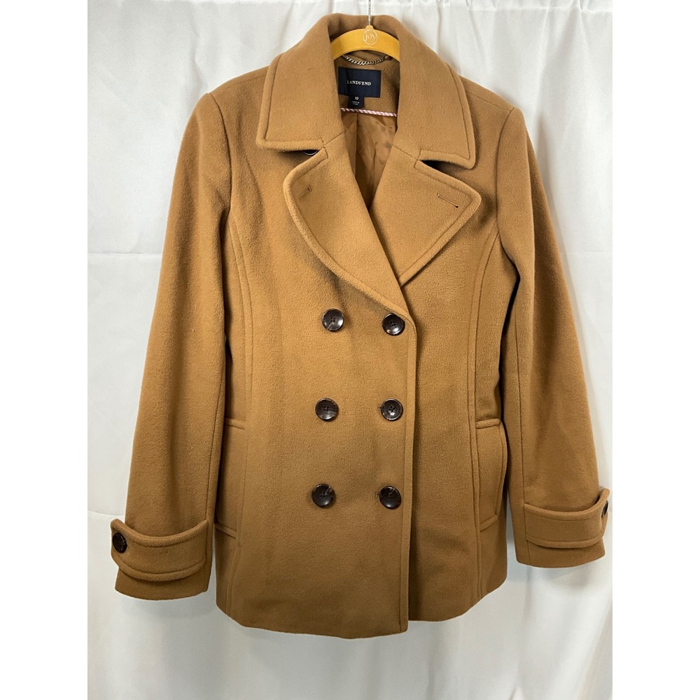 Lands End Womens Camel Wool Cashmere Blend Double Breasted Pea Coat Tan Size 10